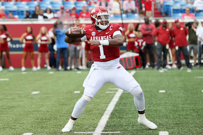 Oct 23, 2021; Little Rock, Arkansas, USA; Arkansas Razorbacks quarterback KJ Jefferson (1) looks to pass during the first quarter against the Arkansas Pine Bluff Golden Lions at War Memorial Stadium. Mandatory Credit: Nelson Chenault-USA TODAY Sports